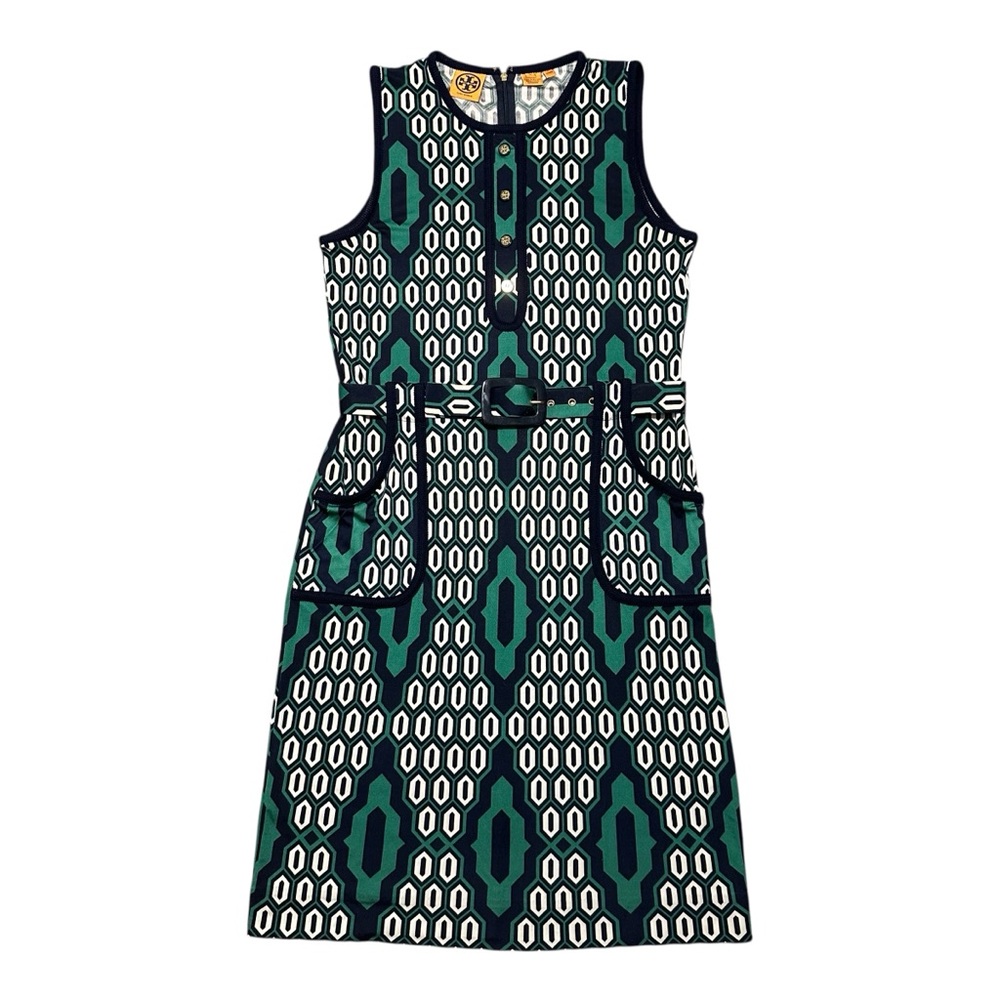 Tory Burch Navy & Green 100% Silk Geometric Sheath Dress w/ Belt, Medium